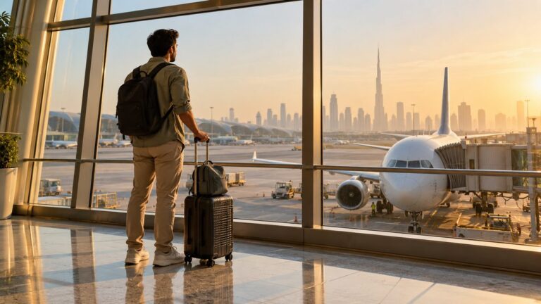 Traveller with a suitcase looking at planes and the Dubai skyline before a budget trip