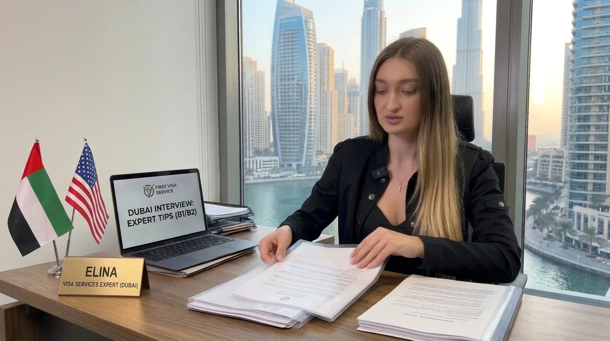 First Visa Service visa expert in Dubai reviewing B1/B2 visa interview documents