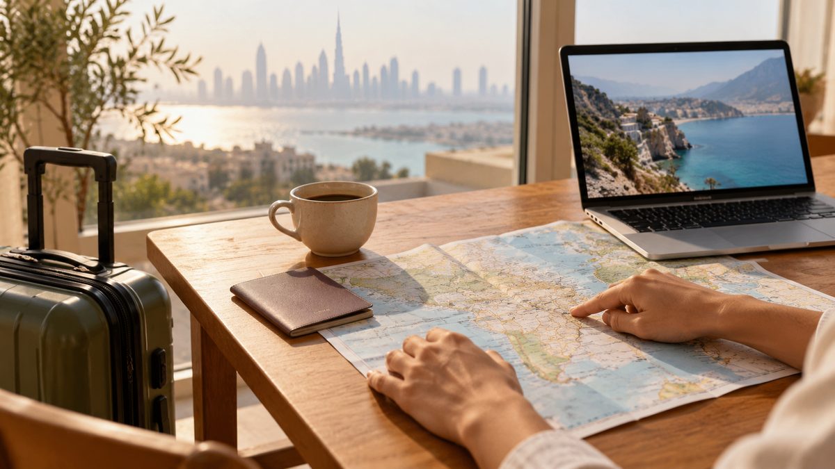 Travel map, laptop and suitcase on a desk while planning a budget trip from Dubai