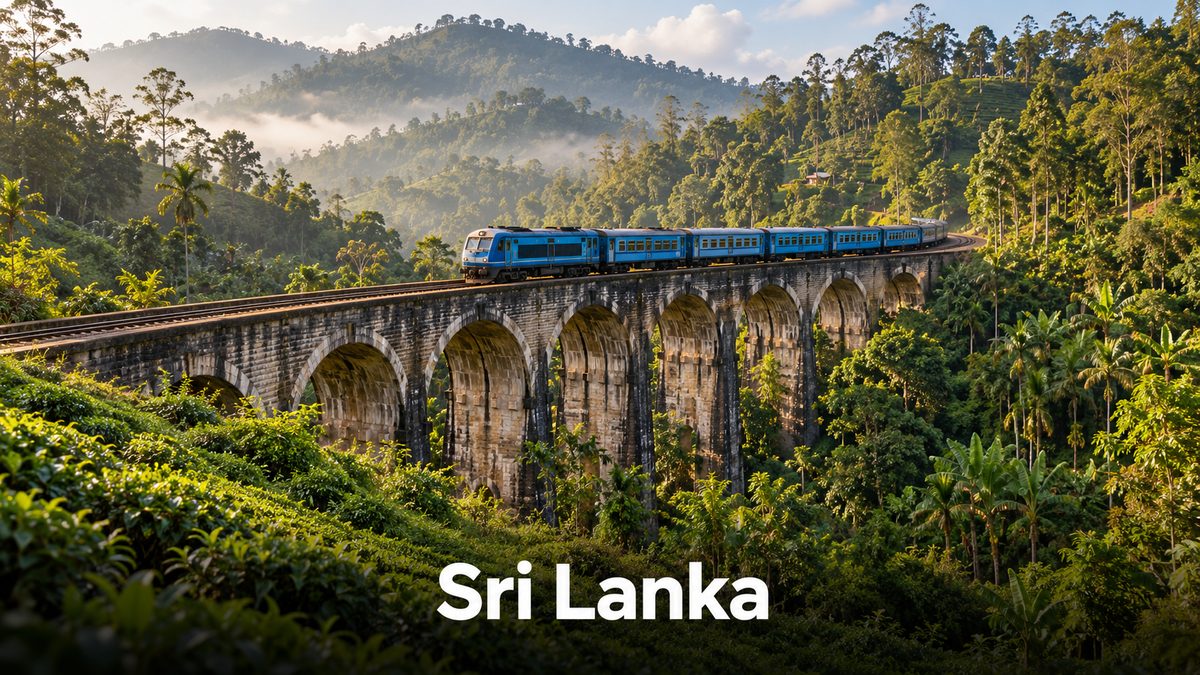 Blue train crossing the Nine Arch Bridge in Sri Lanka tea country