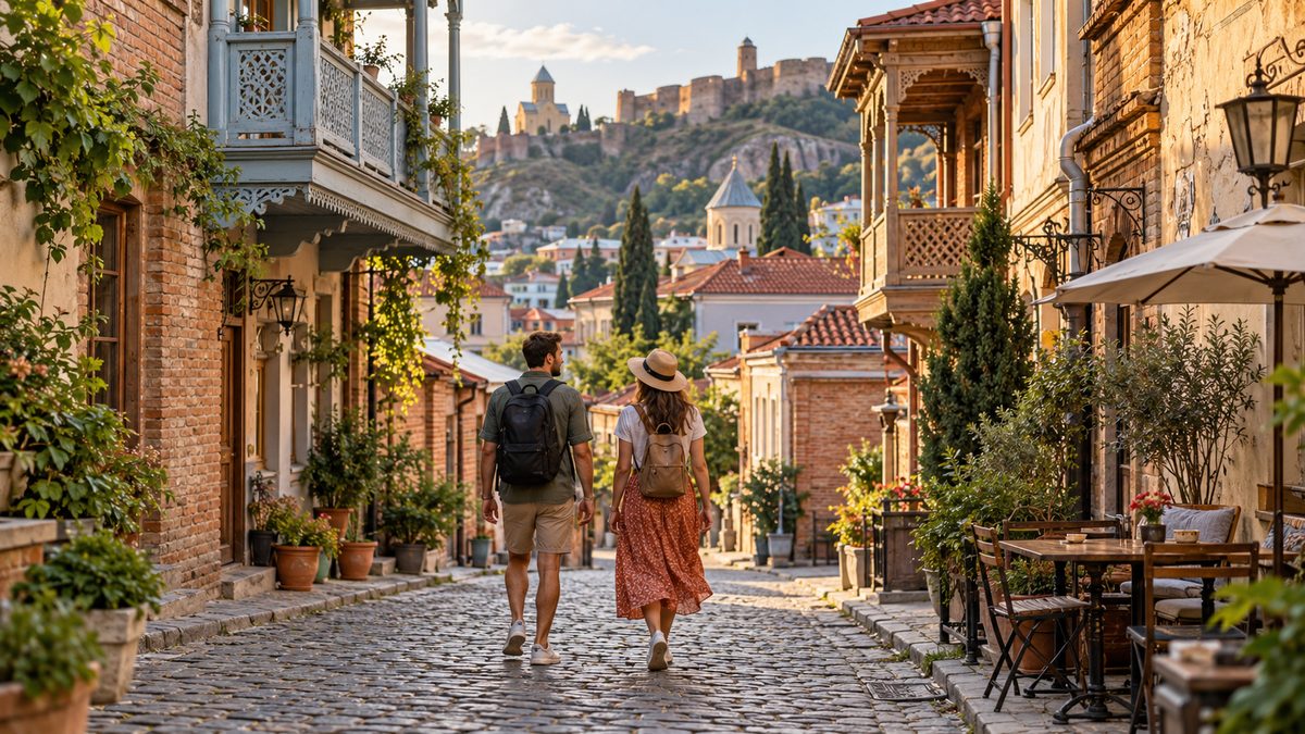 Couple walking a cobbled street in Tbilisi old town on a budget trip
