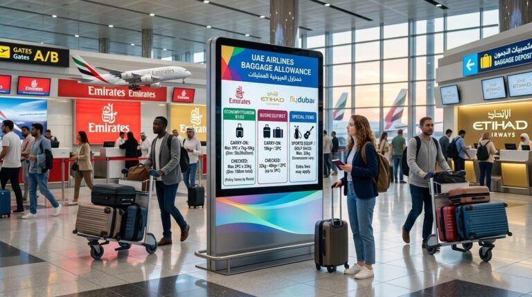 UAE airlines baggage allowance board showing Emirates, Etihad and flydubai limits at the airport