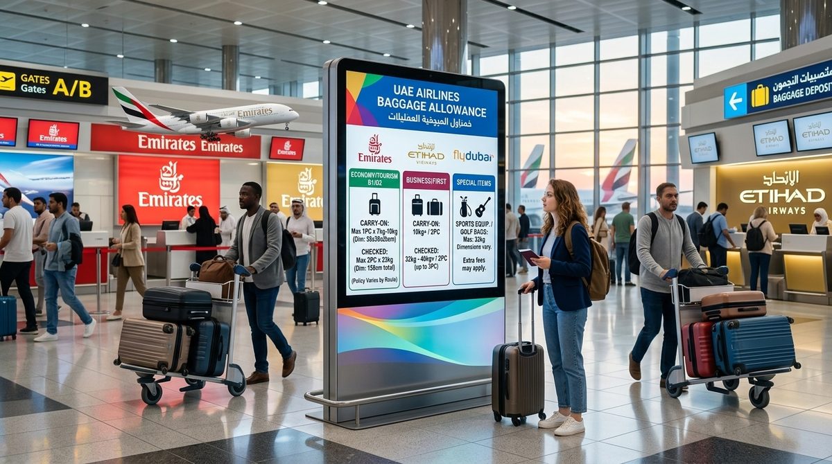 UAE airlines baggage allowance board showing Emirates, Etihad and flydubai limits at the airport