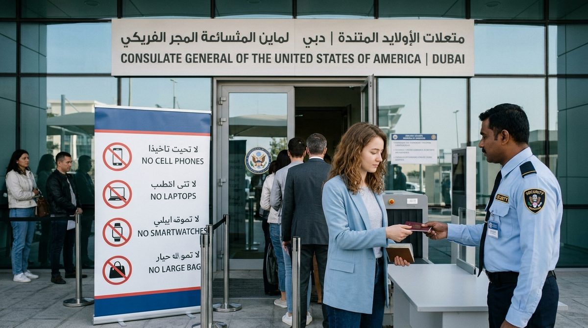 Entrance to the US Consulate General in Dubai with no phones, laptops and bags signs at security