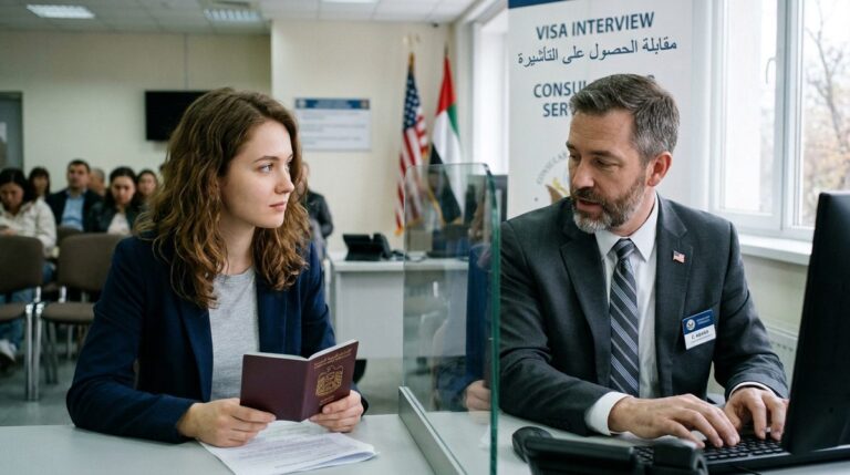Applicant answering questions at a US B1/B2 visa interview window in Dubai