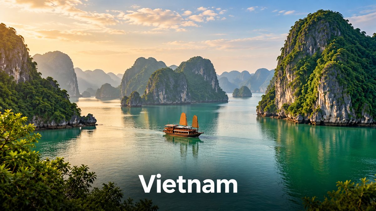 Traditional boat sailing among the karst islands of Ha Long Bay in Vietnam